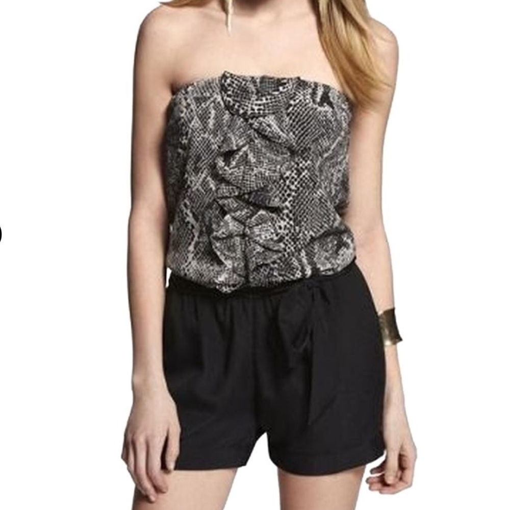Express Women XS Black Snakeskin Print Tie Waist Ruffle Bodice Strapless Romper